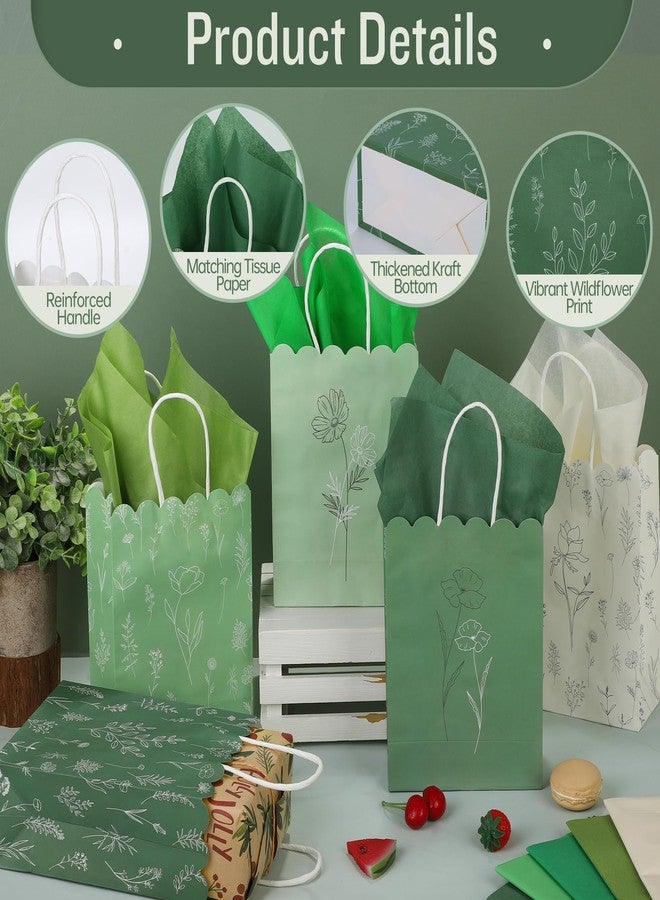 MIMIND 60 Pcs Sage Green Wildflower Gift Bags with Handles Reusable Floral Paper Bags with Tissue Paper for Weddings Birthdays Baby Shower Party Favors - Image 3